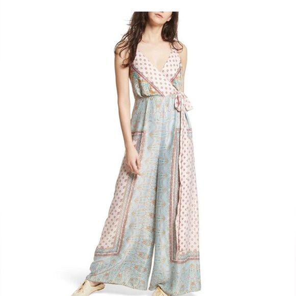 Free People Cabbage Rose Scarf Print Wide Leg Satin Jumpsuit Neutral Combo - 6 - Picture 2 of 10